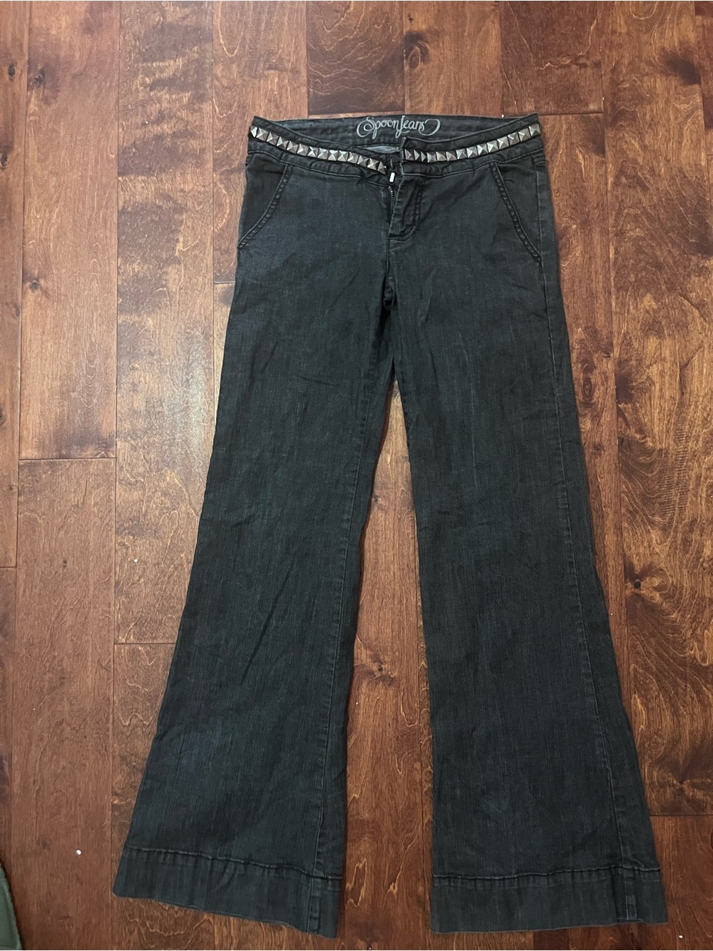 Black Flare Jeans with Studded Waistband by SpongeFleece